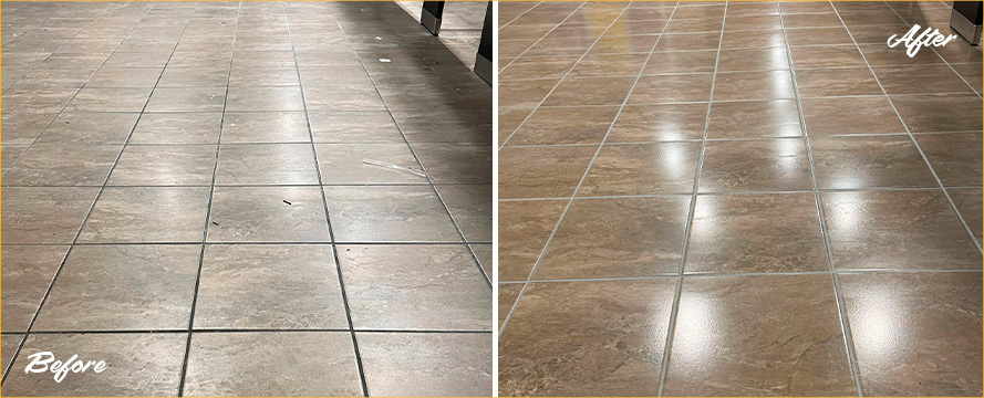 Locker Room Floor Before and After a Service from Our Tile and Grout Cleaners in Bishop